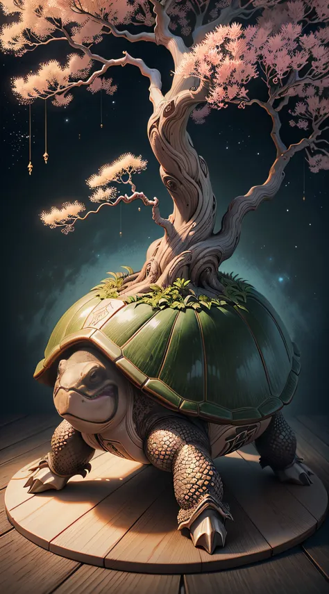 best quality, ultra-detailed, a bonzai tree (weeping willow) on the back of a giant turtle. in space