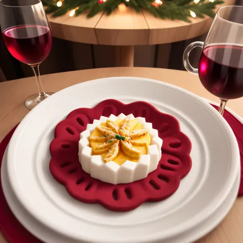 Uma mesa decorada com tema de Natal, com uma garrafa de vinho tinto e dois copos cheios de vinho, em um sala ampla, moderna e linda