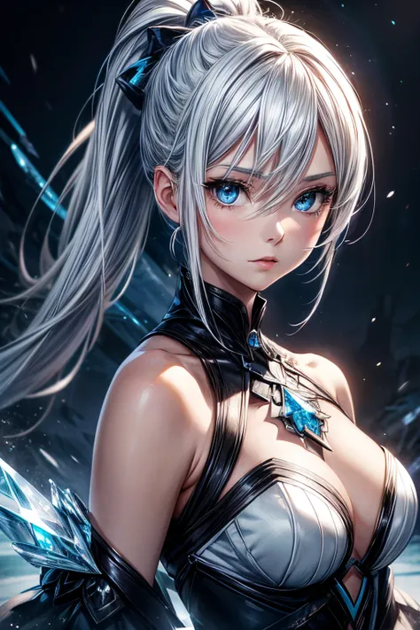 anime, young woman, solo, ponytail hair, white hair, blue eyes, model, blue crystal dress, beautiful, half body potrait, fantasy, ice