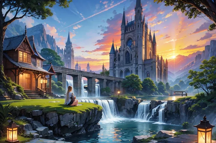 masutepiece, Best Quality, Ultra-detailed, fine detailed, 8K, breathtaking sights, Spectacular views, Dawn of a big port city, Dawn sky, Sunrise sky, the morning sun, Blue Hour, the golden hour, early morning, Multiple large floating islands, Multiple towe...