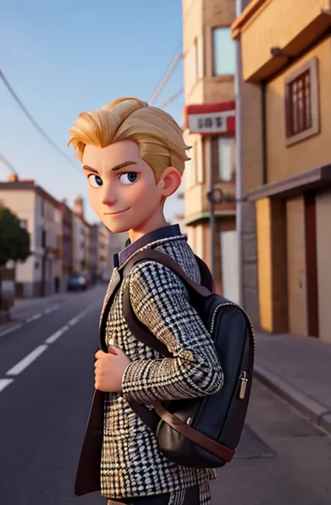 A man with a pattern jacket and a black back pack in his back. The shot is behind His back. He cross arms while looking infront of the shot. He has a small smile only. He has a blond hair with a little bit of color black below.