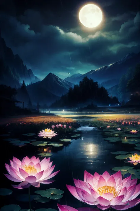 natta, Only moonlight illuminates, Meniscus, mountain in the distance, Beautiful big lotus nearby, Big red lotus, There is running water next to it, frogs, Summer is full of joy, The crescent moon and stars in the sky are mixed together, amazing wallpapers...