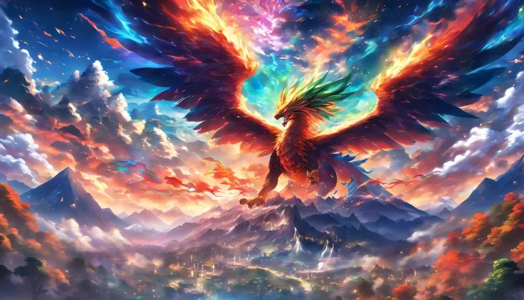 colorful, dramatic lighting, oil painting, fantasy, vibrant colors,towering mountains, lush green forests, glossy scales, majestic wings, fiery breath, fierce gaze, lively atmosphere