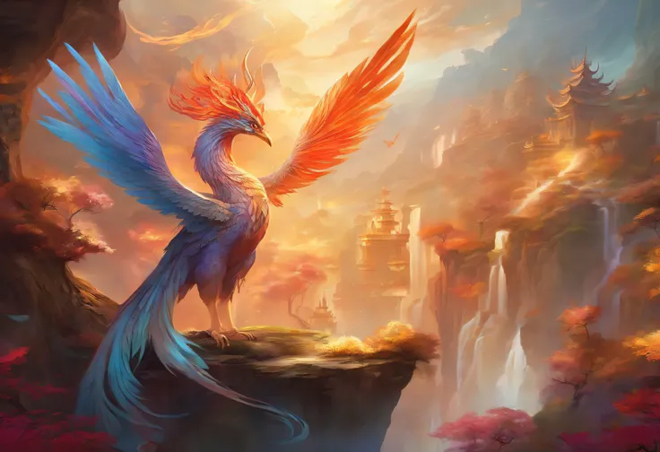 mythological creatures，（（Chinese mythology fire phoenix）），Traditional Chinese elements，Ancient murals，Illustrative myths，Fuyao Legend，Dappled light，Hazy haze，mystical aura，tmasterpiece，k hd，Rich in color，Detailed details，Seven colors