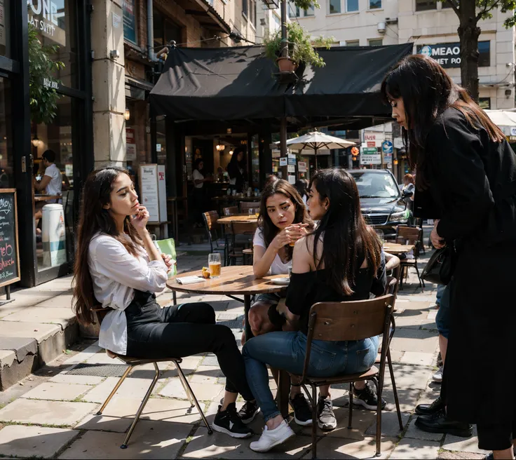 2 women sitting at a table outside a restaurant，structurally correct