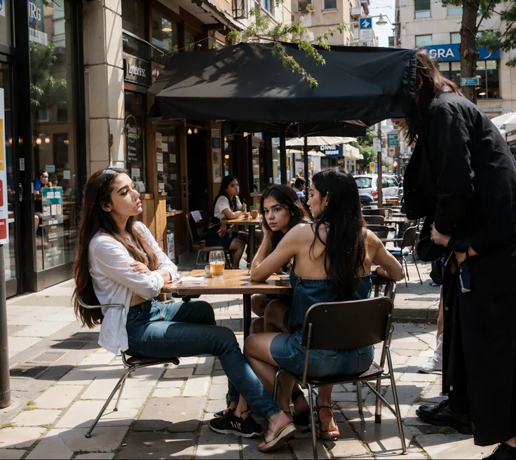 2 women sitting at a table outside a restaurant，structurally correct