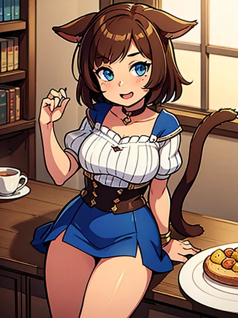 Miqote, light brown hair, blue eyes, at the guild, , short hair, final fantasy 14, cat ears, cat tail, outfit happy