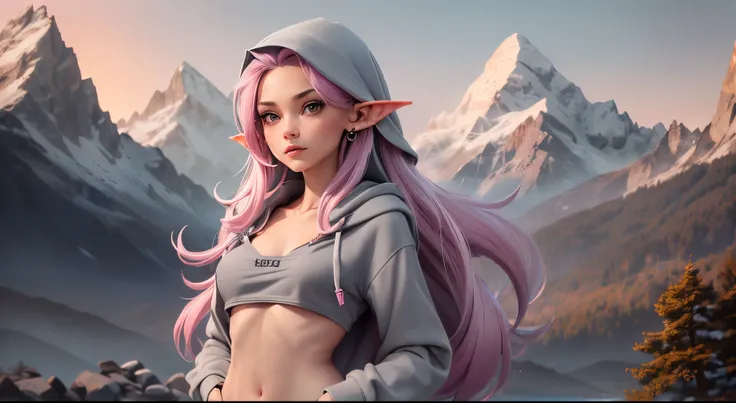 1girl, (((light-grey hoodie))), pink hair, cleavage, closed mouth, earrings, elf, flat, (((small chest))), (((flat chest))), ((((small breasts)))), ((((flat breasts)))), lips, lipstick, (((long hair))), looking at viewer, makeup, pointy ear, 8k, forest, ((...