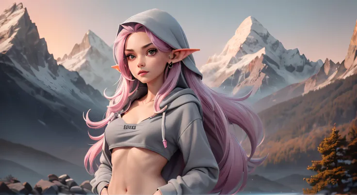 1girl, (((light-grey hoodie))), pink hair, cleavage, closed mouth, earrings, elf, flat, (((small chest))), (((flat chest))), ((((small breasts)))), ((((flat breasts)))), lips, lipstick, (((long hair))), looking at viewer, makeup, pointy ear, 8k, forest, ((...