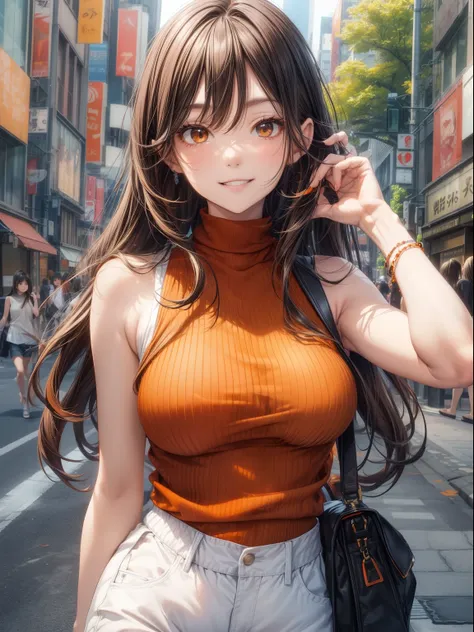 top-quality、Full limbs、complete fingers、one beautiful women、Beautiful busty woman、Women with straight hair、brown haired woman、((Orange high neck sleeveless knit top))、White shorts、Black pantyhose、A big smile、Street Trees、Shibuya、Naughty Poses