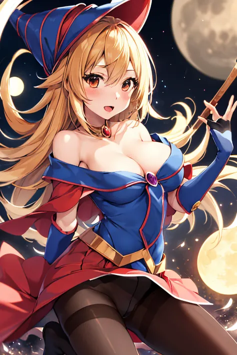 1 girl,masutepiece, Best Quality, hight resolution, Wizard Hat,  cleavage, Bare shoulders, Dress, off shoulders,fullmoon、((pantyhose))