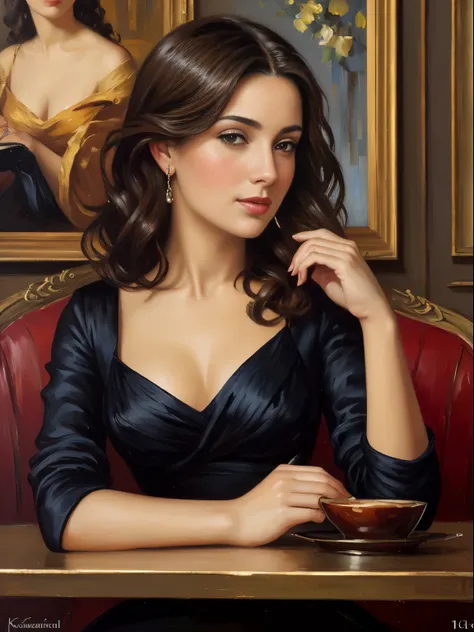 portrait, (oil painting 1.5), portrait of a young beautiful woman at a cafe table, oil portrait, woman in a red dress, dark hair, high hairstyle, very beautiful face, style painting Fabian Perez, Impressionist painting, Konstantin Razumov style, large stro...