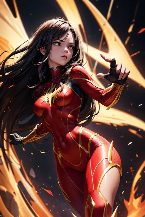 girl, comic accurate Jessica Drew Spider Woman costume, Red and gold costume, combat stance, highly detailed, vibrant appearance, creative behavior, extremly detailed, imaginative, sensual, spontaneous, small breasts, sexi, revealing, highest quality, skin...