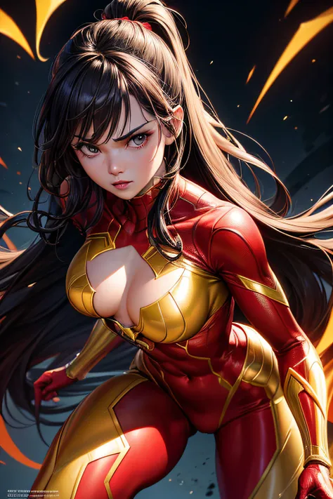 girl, comic accurate Jessica Drew Spider Woman costume, Red and gold costume, combat stance, highly detailed, vibrant appearance, creative behavior, extremly detailed, imaginative, sensual, spontaneous, small breasts, sexi, revealing, highest quality, skin...