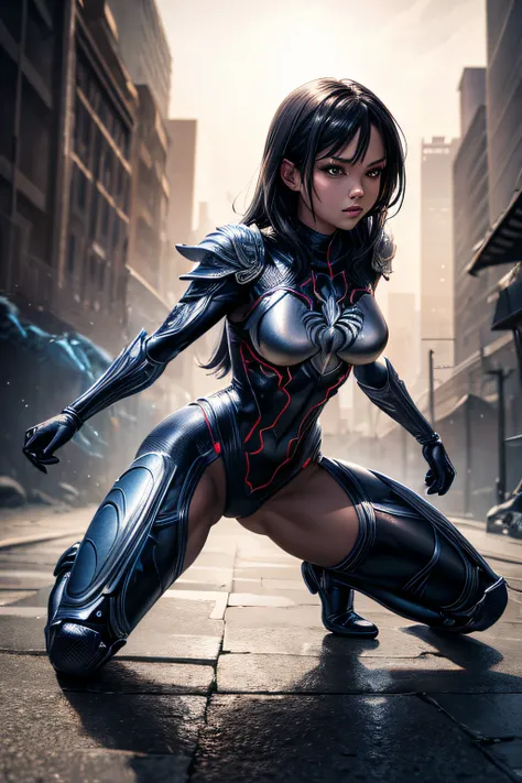 girl, comic accurate Spider Woman costume, full body metal armor,, combat stance, highly detailed, vibrant appearance, creative behavior, extremly detailed, imaginative, sensual, spontaneous, small breasts, sexi, revealing, highest quality, skin texture, i...