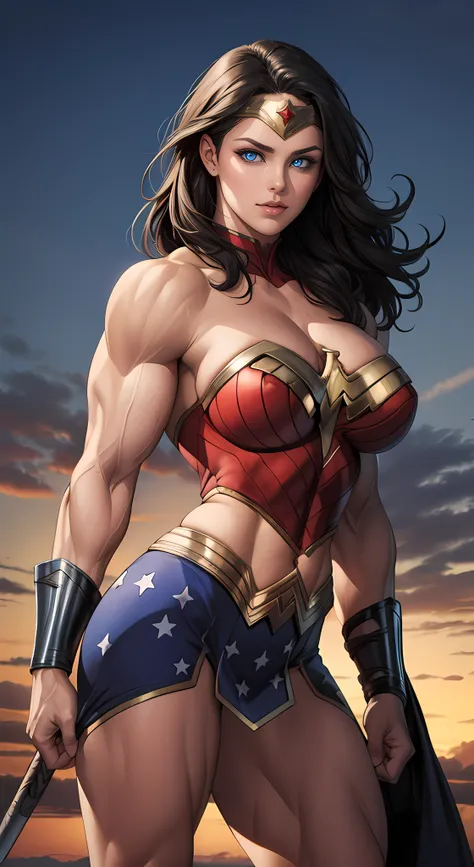 WONDERWOMAN sexy em traje midriff, side view,  athletic and fit body, malcriado, sacanagem, perfect hands, detailed hands, olhos perfeitos, olhos detalhados,  Glamour, sexy, malcriado, Posando, Side hands and arms, peitos grandes e perky, Realistic, HDR, U...