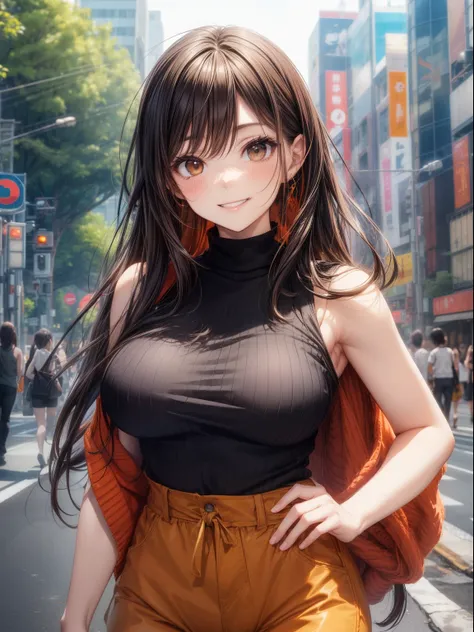 top-quality、Full limbs、complete fingers、one beautiful women、Beautiful busty woman、Women with straight hair、brown haired woman、((Black high neck sleeveless knit top))、Orange shorts、Black pantyhose、A big smile、Street Trees、Shibuya、Naughty Poses