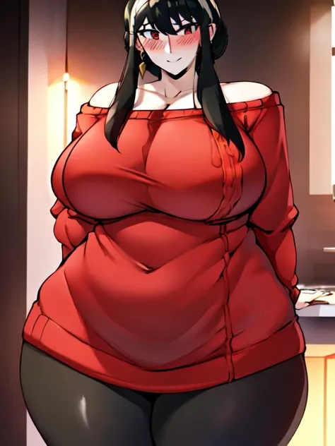 woman sharp features, 1girl, black hair, solo, red eyes, closed mouth, blush, jewelry, white headband, earrings, masterpiece, (gigantic breasts:1.2)(belly:0.7), (wide hips:0.4),(red sweater:1.4),( off-shoulder sweater:1.4),(black pants:1.25),detailed eyes,...