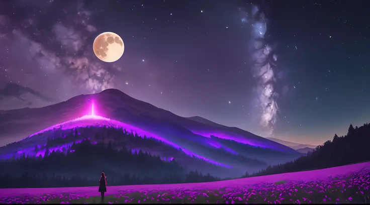 ((Best Quality)), ((Masterpiece)), Vast Landscape Photo, (From below, the sky above and the open field below), a girl standing on a flower field looking up, (Full Moon: 1.2), (Meteor: 0.9), (Nebula: 1.3), Far Mountains, Trees BREAK Making Art, (Warm Light ...