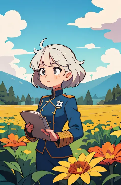 ((best quality, masterpiece)), 
1girl, military, flowers,  blue uniform, white messy hair,  outdoor, clouds on background