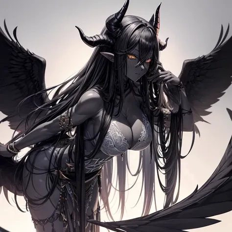 Best quality，A high resolution，One demon，(Pure black skin:1.7)，(a pair of long, curved horns：1.5)，Wings with black feathers，long  white hair，（huge tit：1.3），（sexy for：1.2），Muscular