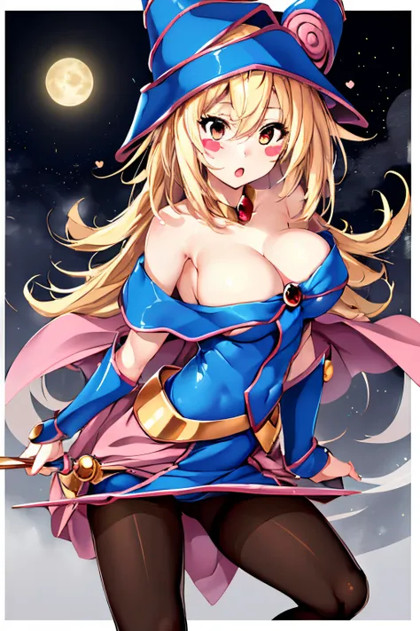 1 girl,masutepiece, Best Quality, hight resolution, Wizard Hat, blush, blush stickers, cleavage, Bare shoulders, Dress, off shoulders,fullmoon、((pantyhose))