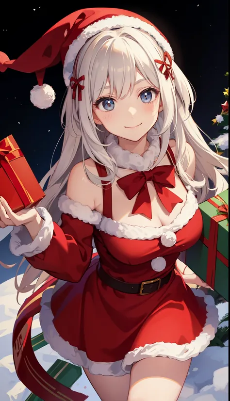 1girl in、A smile、Christmas、Dressed in Santa Claus costume、huge stack of presents on a sleigh,  anime style drawing