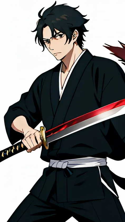 anime character with long black hair, handsome guy in demon slayer art, hijikata toshiro, while holding a sword, inspired by oku...