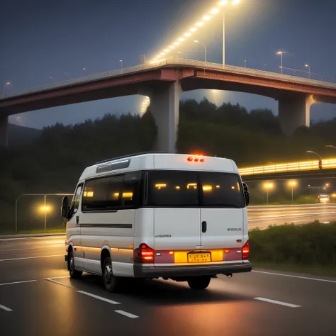 White TFD minibus broken down at night with the headlights on in the middle of the highway. Passengers at the front of the bus, including a woman with a child in her arms, idosos e pessoas sentadas no acostamento da rodovia