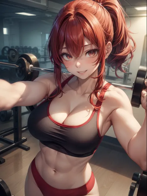 top-quality、Full limbs、complete fingers、1girl in、((one beautiful women、独奏))、Beautiful Large Breasts、Medium Hair、poneyTail、Red hair、(Red sports bra)、(red spats)、Exposing your belly、abdominals、sports gym、Naughty Poses、A big smile、Doing muscle training