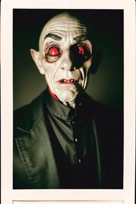 A carefully preserved Polaroid photograph captures the haunting image of Count Orlok, the infamous Nosferatu vampire. The image is taken in a dimly lit room, with a shallow depth of field creating a dreamy blur around the edges and drawing attention to the...