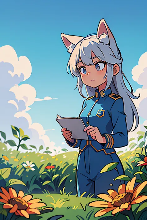 ((best quality, masterpiece)), 1girl, military, flowers, blue uniform, white messy hair, outdoor, clouds on background, holding paper, engineer, fox ear,