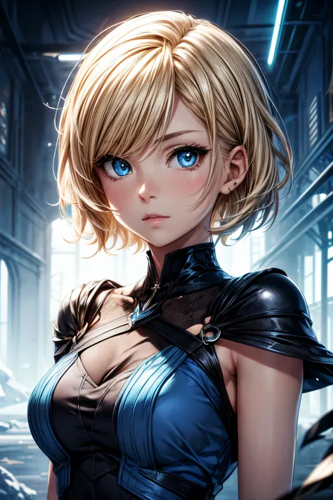 anime, young woman, solo, short hair, blonde hair, blue eyes, model, blue dress, beautiful, half body potrait, fantasy, ice