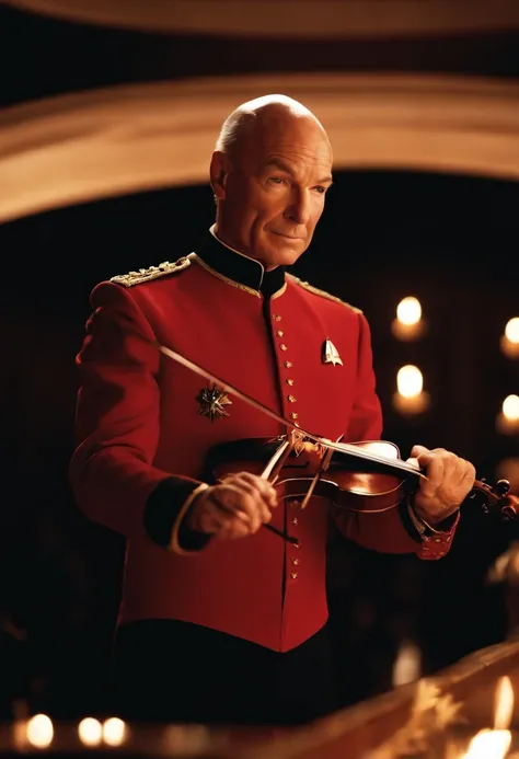 A photo of Captain Picard elegantly playing the violin in the ships concert hall, surrounded by the warm glow of candlelight.,Star Trek: The Next Generation,Picard is bald, with a poised, upright bearing, and a measured, commanding presence that complement...