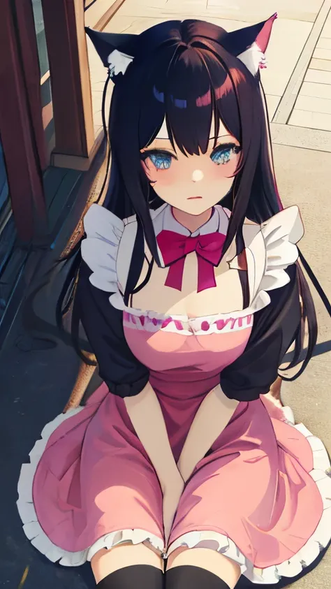 Anime girl with black hair and pink dress sitting on the ground, cute anime catgirl, attractive cat girl, anime cat girl, very beautiful anime cat girl, beautiful anime catgirl, cat girl, anime girl with cat ears, Anime Cat, anime cat girl in a maid costum...