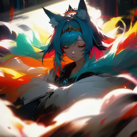 colored inner hair, multicolored hair, tiara, blank eyes, fox ears, sad, Action painting, cinematic lighting, high details, best quality, 16k, HD