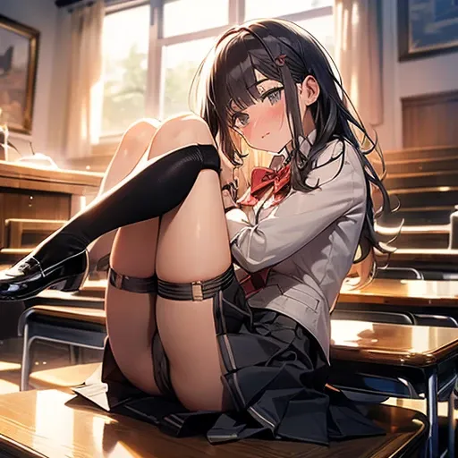 ((masterpiece:1.5)),((Finest quality)),(Ultra-high precision),8k picture, Top quality anime, Highest level of resolution,sharpnes,spread legs, legs up, nose blush, collared shirt, blazer, pleated skirt, school uniform, bow, garter belt, hair ornaments