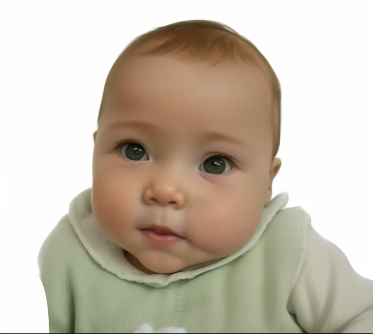 there is a baby that is wearing a green sweater, digitally painted, looks directly at camera, front portrait, front facing the camera, looking straight to camera, face enhanced, detailed portrait shot, high quality scan, saturated colorized, looking straig...