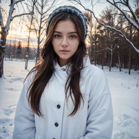 Close up selfie of Ukrainian long hair brunette 21-year-old taking a selfie outside in winter Ukraine. She is wearing cute winter attire. (Top  Quality, 8K, 32 k, ​masterpiece, UHD:1.2), (s whole body) (A hyper-realistic), , (high resolucion), (8K), (A hig...