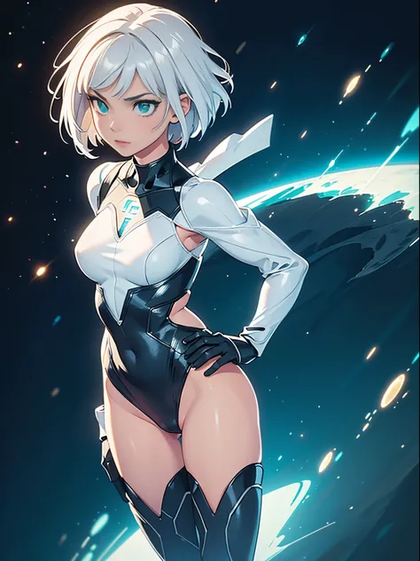 1girl, beautiful detailed eyes, superhero, mature woman, white hair, bob hair, short hair, green eyes, beautiful detailed eyes, leotard, black leotard, bare legs, boots, gloves, atoms, glowing body, light surrounding her body, light particles, space backdr...