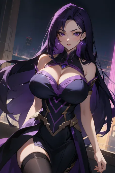 kai'sa , league of legends , huge tits ,purple eyes, purple long hair , on a night city , dark dress