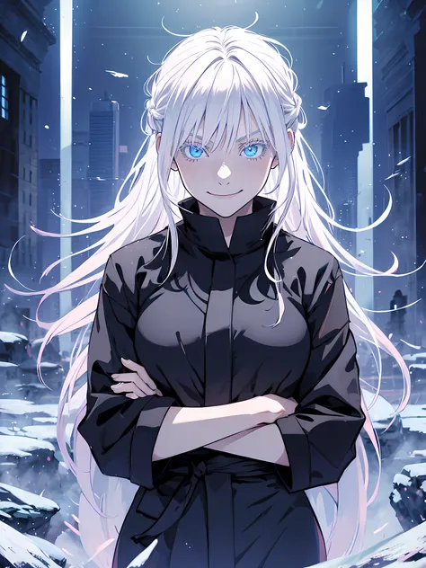 masterpiece, Woman, famale version, female, jujutsu kaisen, solo, alone, happy, smiling white hair, bangs, long hair, white eyebrows, white eyelashes, light blue eyes, glowing eyes, hands wide, t pose, black clothing, black jacket, fullbody, park, naturepa...