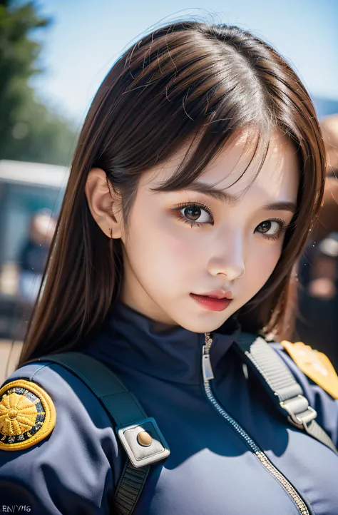 Air Force Pilot、posing in front of an airplane、High exposure、Photorealistic images of solo idols, Morning Musume inspired by Eri Kamei, Radiates charm and beauty with plenty of bust and subtle exposure of cleavage. The image is、Must reflect a real person o...