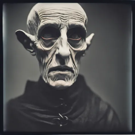 A carefully preserved Polaroid photograph captures the haunting image of Count Orlok, the infamous Nosferatu vampire. The image is taken in a dimly lit room, with a shallow depth of field creating a dreamy blur around the edges and drawing attention to the...