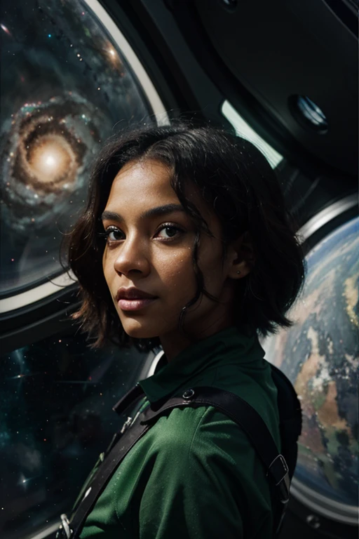 a black girl with green eyes watching two galaxies from an inter-gallactic space ship