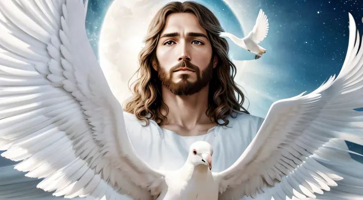 image with the face of Jesus Christ in the background, a white dove, and an open Bible at the side, surreal, photorealistic, hyper-detailed, 8K, glamorous.