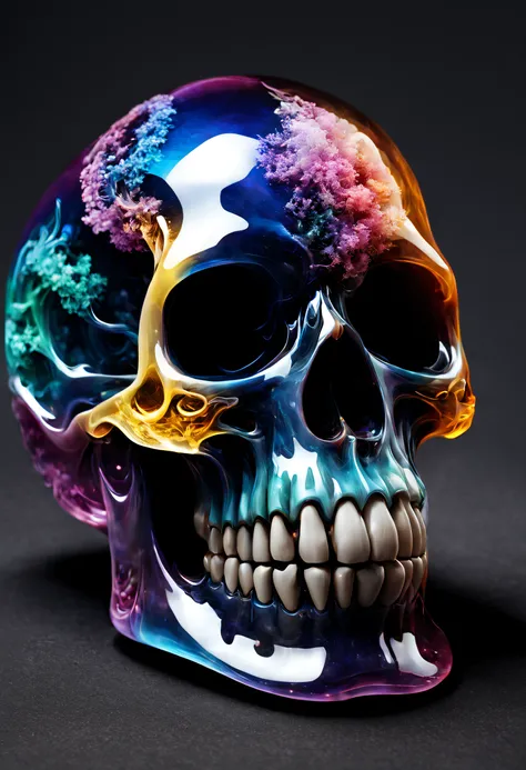 A realistic colored glass skull, beautiful and detailed. Which explodes when falling to the ground, the projections are textured like lot of colorful dreaming dust