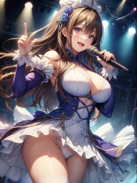 top-quality、Full limbs、complete fingers、Slender beauty、straight haired、Brown hair、Deleste、Blue, white and purple idol costumes、high socks、Beautiful Large Breasts、Live Stage、Singing、Dancing、A big smile、White panties