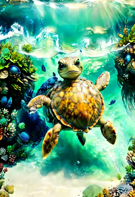 (best quality,4k,highres,masterpiece:1.2),ultra-detailed,(realistic,photorealistic:1.37),turtle,ocean,cat face,diving,water,swimming,turtle shell,waves,sparkling water,serene atmosphere,blues and greens,underwater world,peaceful,graceful movements,wonderfu...