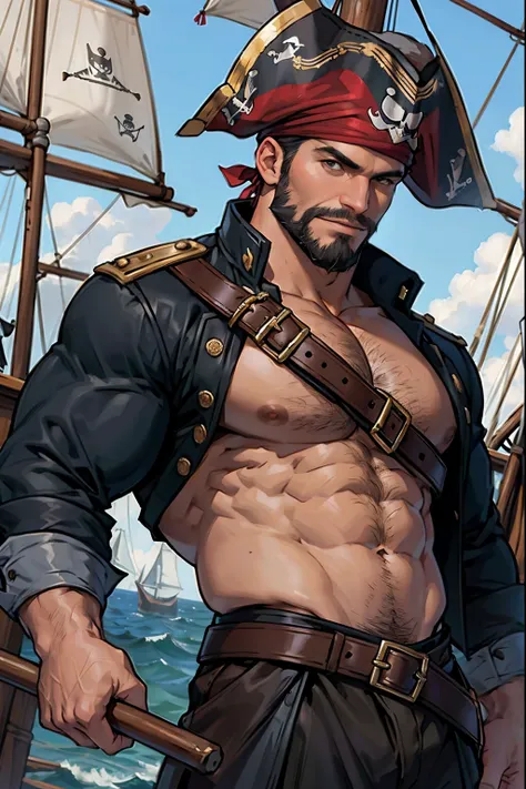 (masterpiece:1.2)、(Best Quality:1.2),(Solo Male:1.5)、40-year-old dad、Muscular men、short-hair、a beard、top-quality,absence、hyper pecs,pirate, pirate uniform, ship,fantasy,